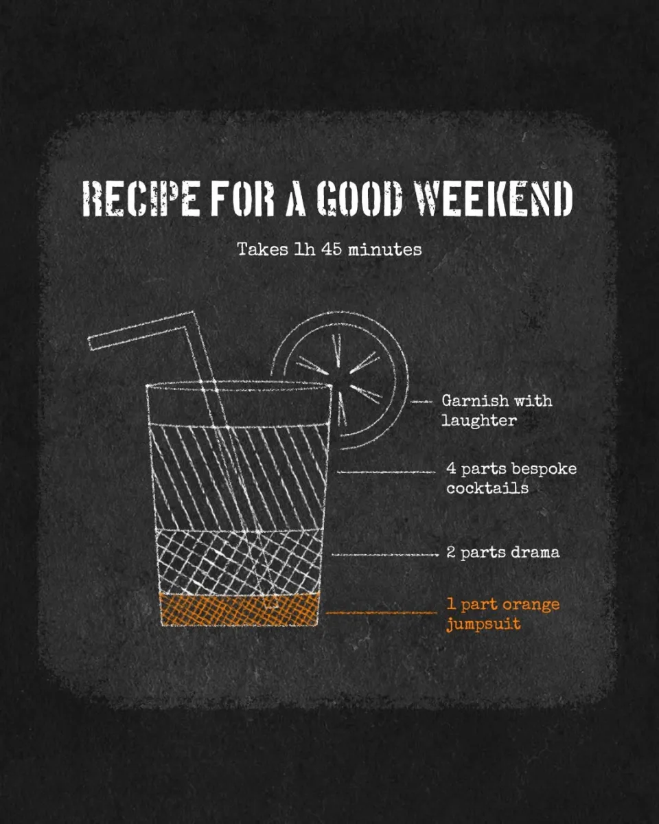 Illustration of a cocktail glass with a recipe for a good weekend.