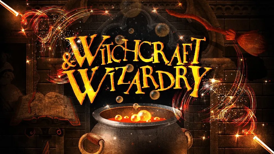 Witchcraft and Wizardry text with cauldron and broomstick.
