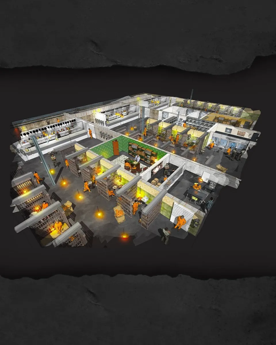 3D rendering of a prison interior with cells.