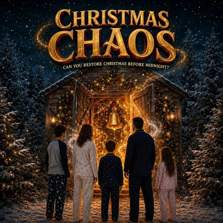 Family in pajamas facing glowing barn with Christmas lights.