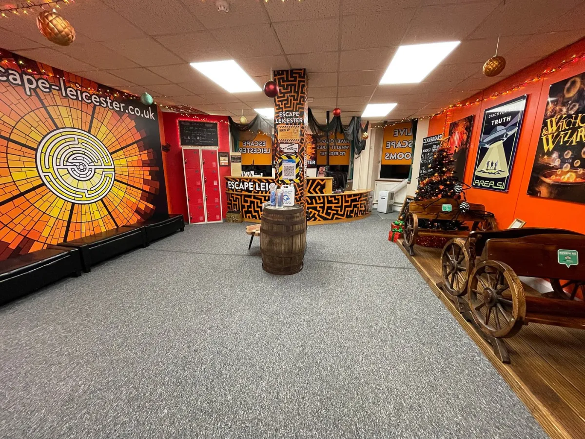 Interior of an escape room venue with themed decorations.