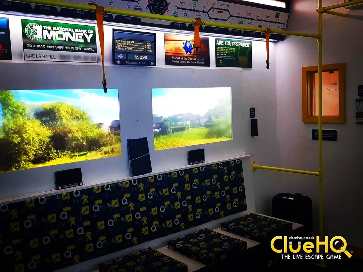 Interior of an escape room with themed decor.