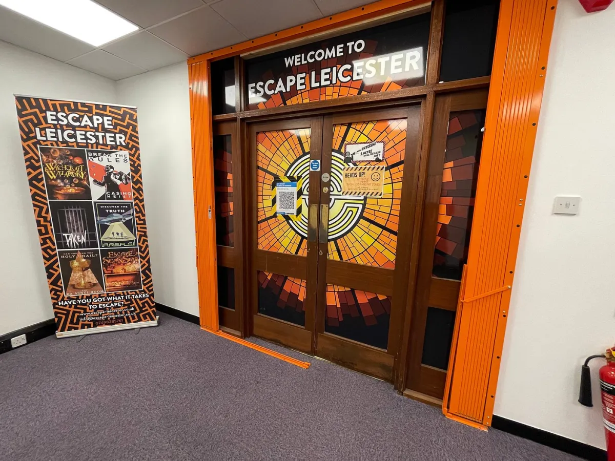 Entrance to Escape Leicester with promotional banner.