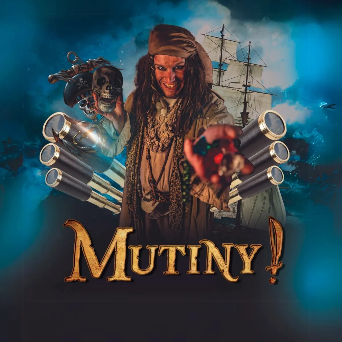 Pirate with skull and ship in background.