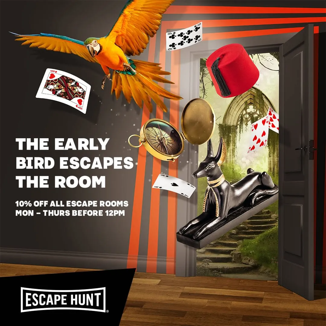 Parrot and objects flying out of an open door.