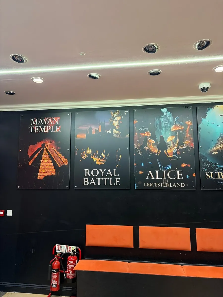 Posters of Mayan Temple, Royal Battle, and Alice in Leicesterland.