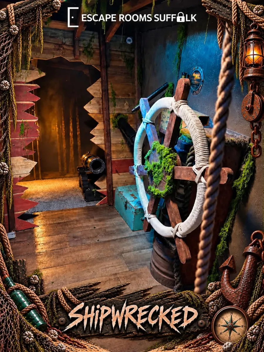 Escape room with shipwreck theme and large ship wheel.