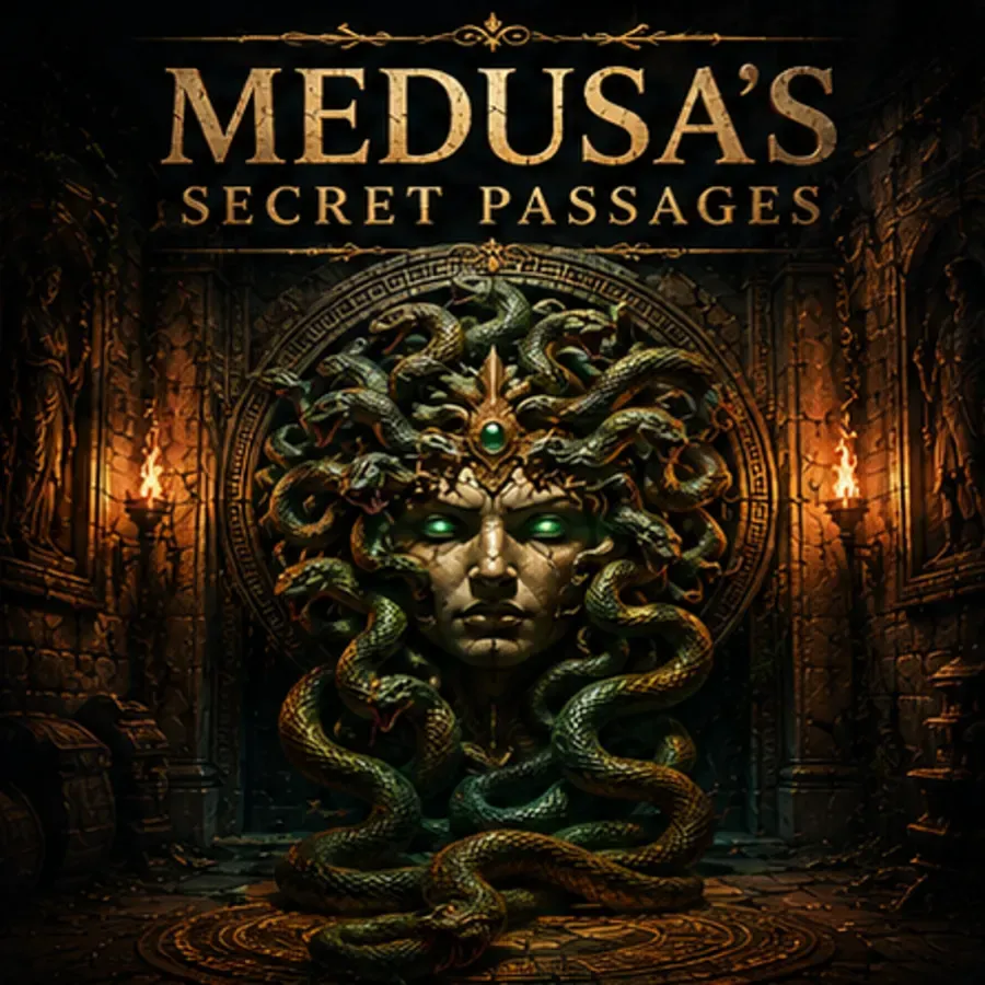Medusa's face with snake hair in a dark passage.