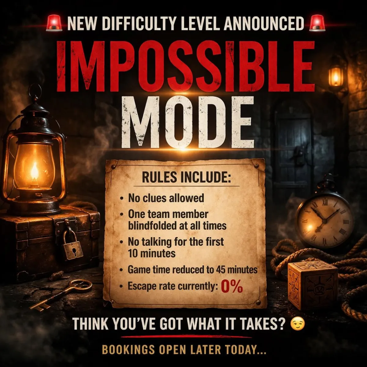 Impossible Mode announcement with escape room rules.