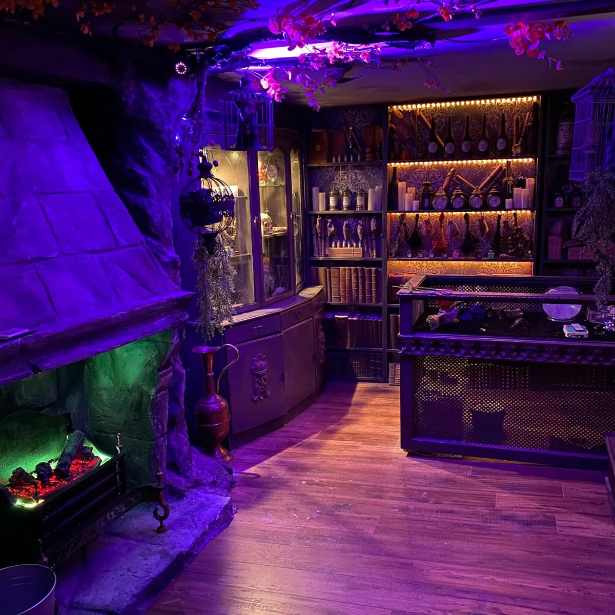 Cozy room with fireplace and shelves of bottles.
