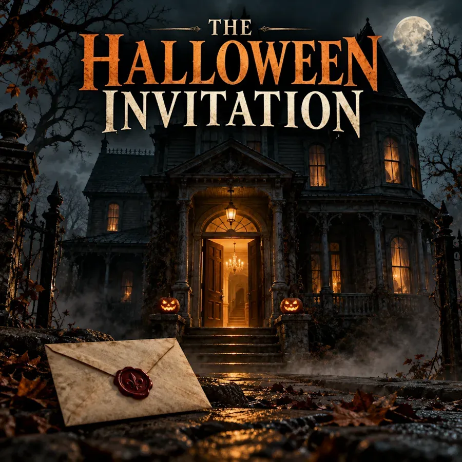 Spooky mansion with pumpkins and a sealed envelope.