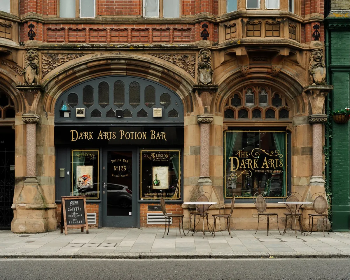 Facade of Dark Arts Potion Bar with ornate architecture.