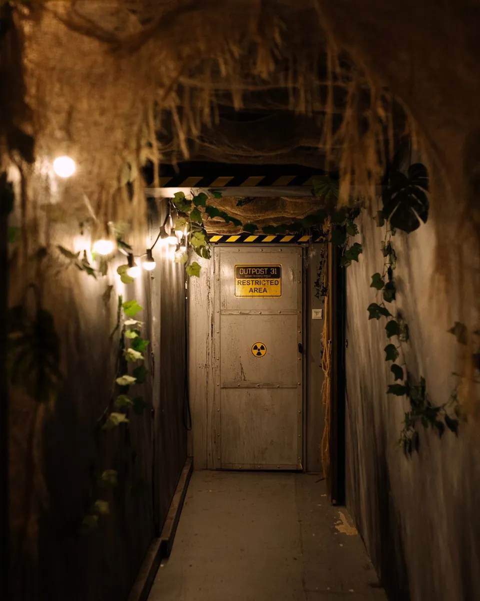 Dimly lit hallway with a door marked 'Outpost 31 Restricted Area'.