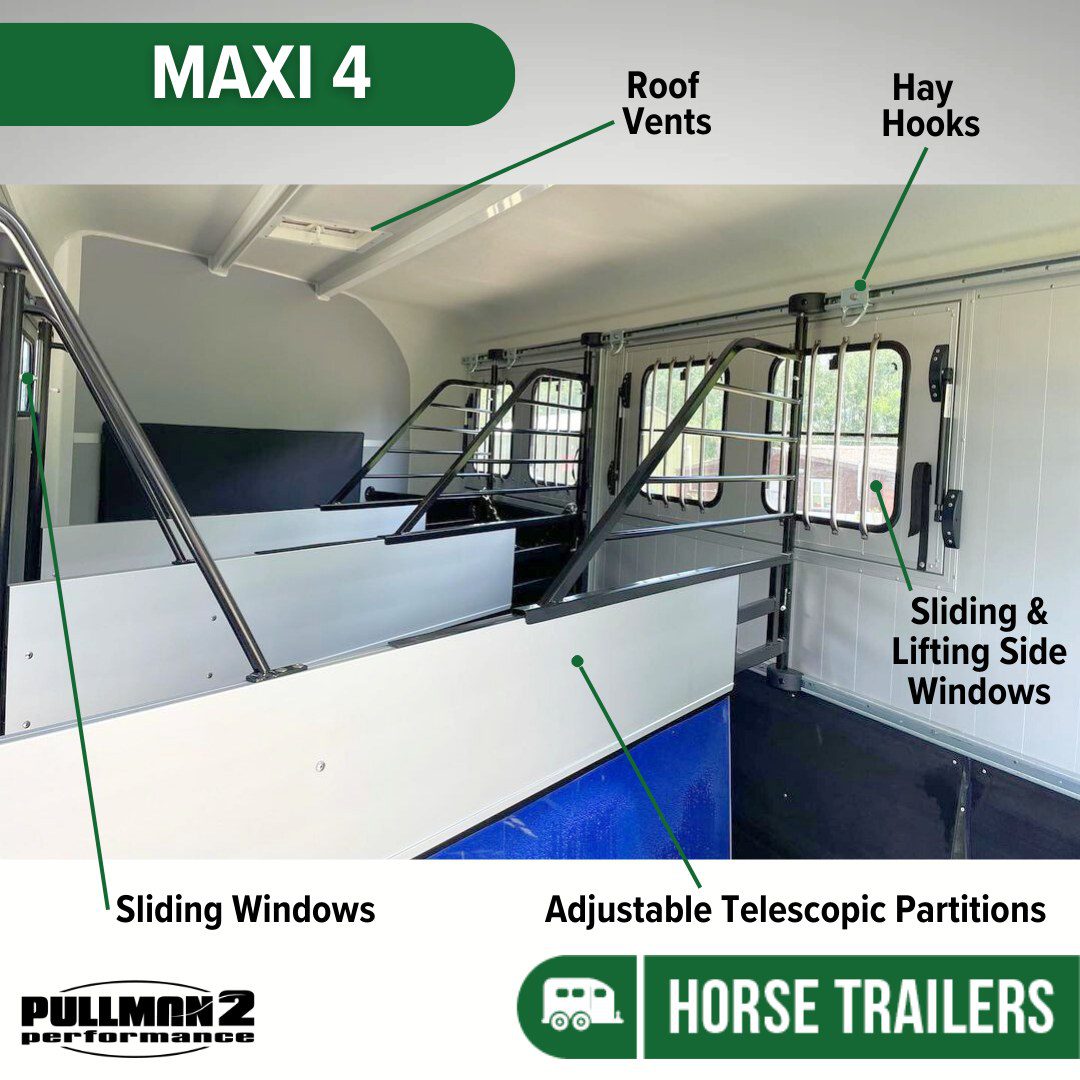Key features of the interior of a Cheval Liberte Maxi 4 horse trailer