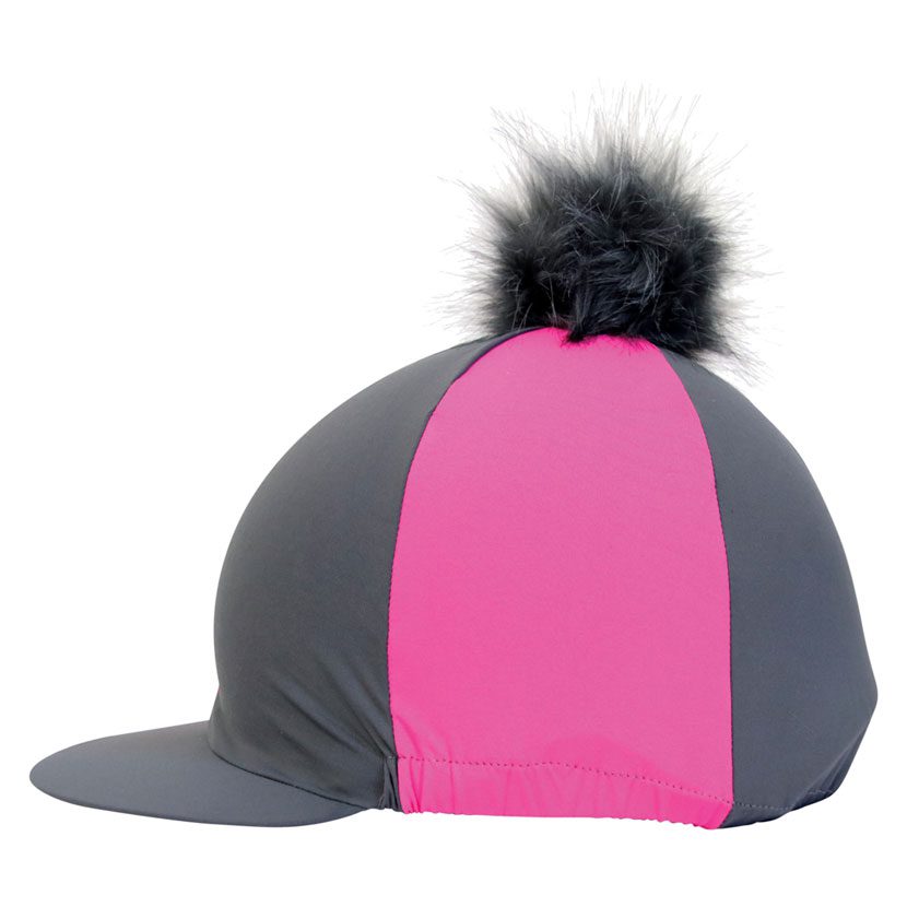Hy Equestrian Hat Cover Faux Fur Pom Pom Grey & Pink