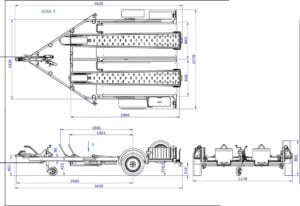 Dimensions diagram for a Debon Moto 2 double motorcycle trailer