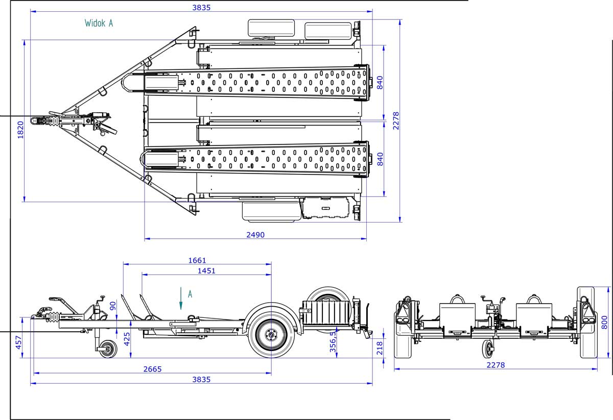 Dimensions diagram for a Debon Moto 2 double motorcycle trailer