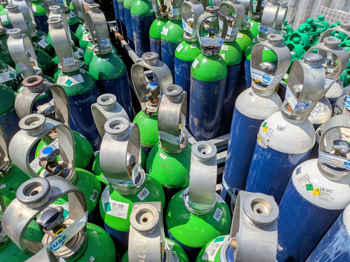 Close-up of Buse Gas Cylinders in storage