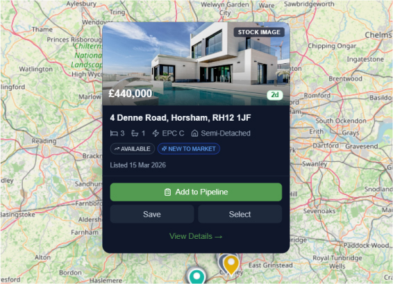 ProspectOS Map showing properties and live market signals across an estate agent's postcode patch