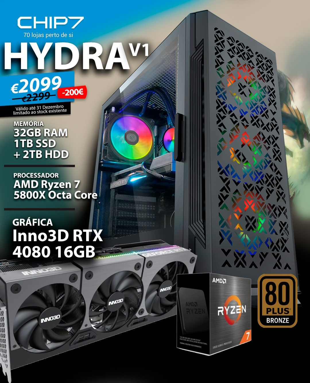 Chip7 Computador Gaming - Amd Ryzen 7 5800X Rtx 4080 16GB 32GB Ram