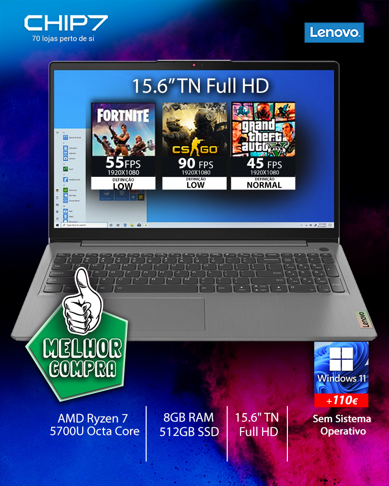 Portátil  Lenovo IdeaPad 1 15ALC7, 15.6 Full HD, AMD Ryzen™ 7 5700U, 8GB  RAM, 512GB SSD, Radeon™ Graphics, Windows 11 Home