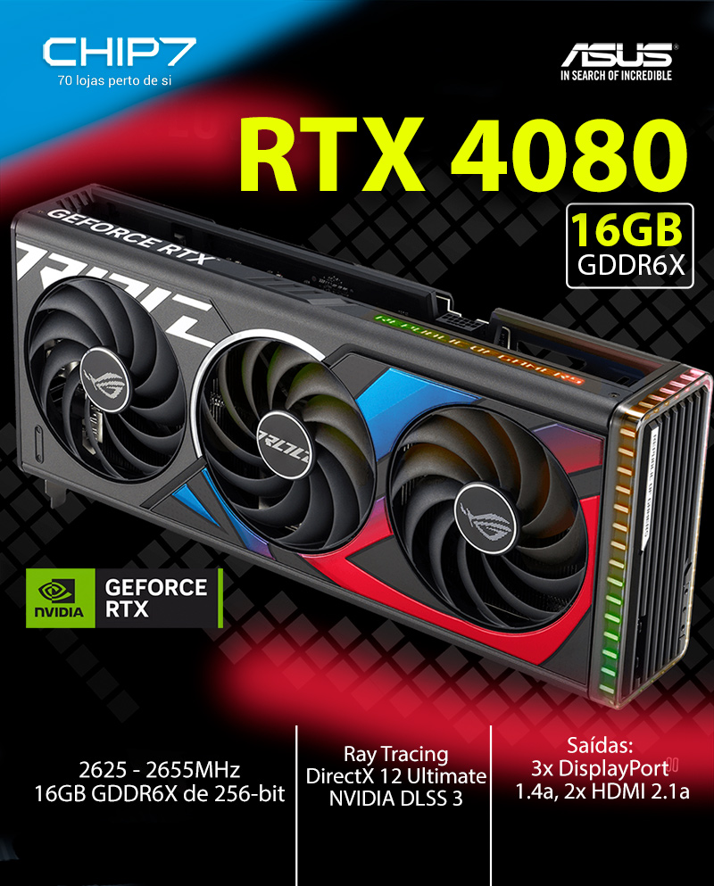 Placa Gráfica Asus ROG Strix GeForce RTX 4080 16GB GDDR6X-PCI-E  nVidia-Placas Gráficas-Componentes