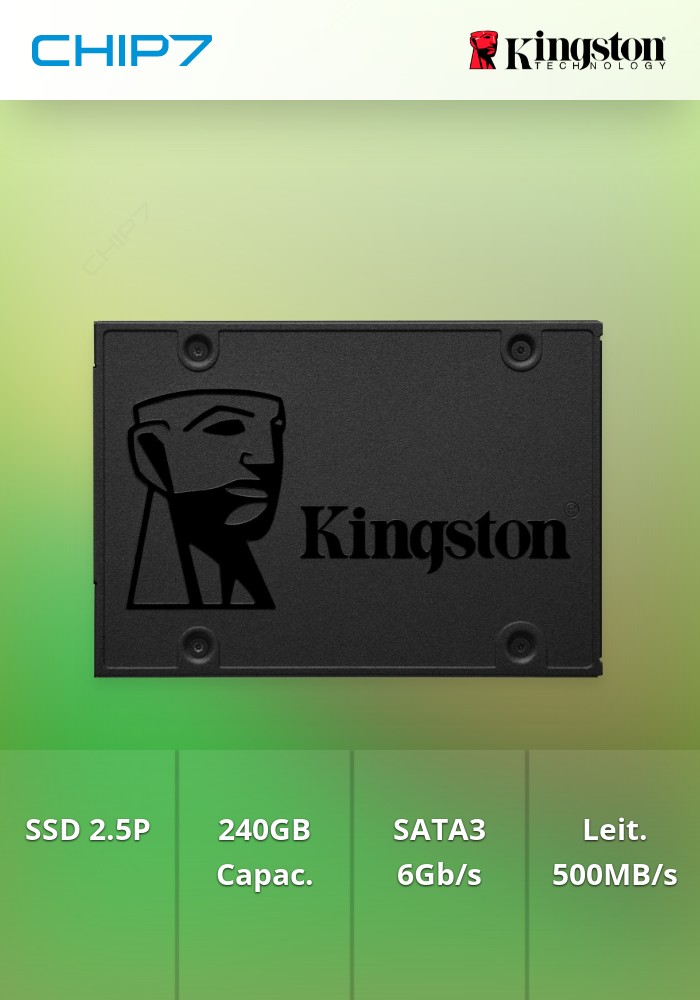 SSD 2,5P Kingston A400 de 240GB, com interface SATA3 e velocidades de transferência de 500/350MB/s.