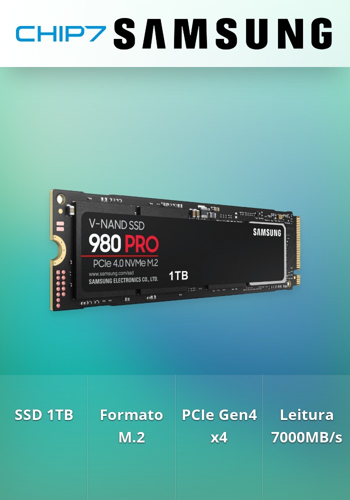 DISCO SSD M.2 PCIe Gen 4 x4 SAMSUNG 980 Pro- MZ-V8P1T0. Capacidade de 1TB, velocidades até 7000/5000MBps.