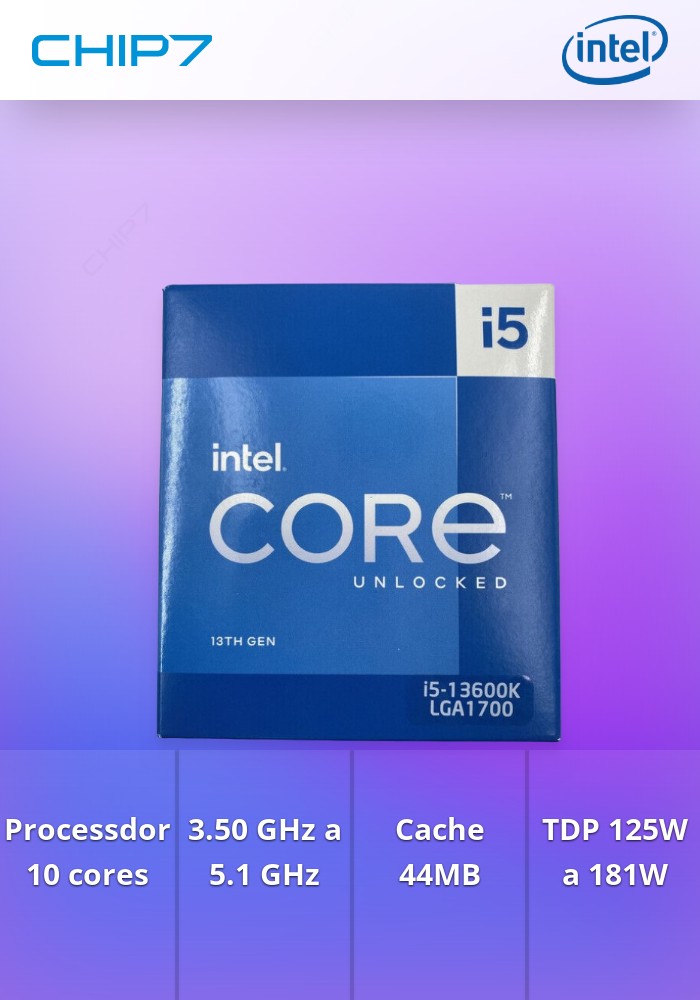 Processador intel® Core I5-13600K 10 Cores (6P+8E) Threads 20, 3.50Ghz até  5.1Ghz 44MB Cache Boxed FCLGA1700 125w/181w - Sem Cooler