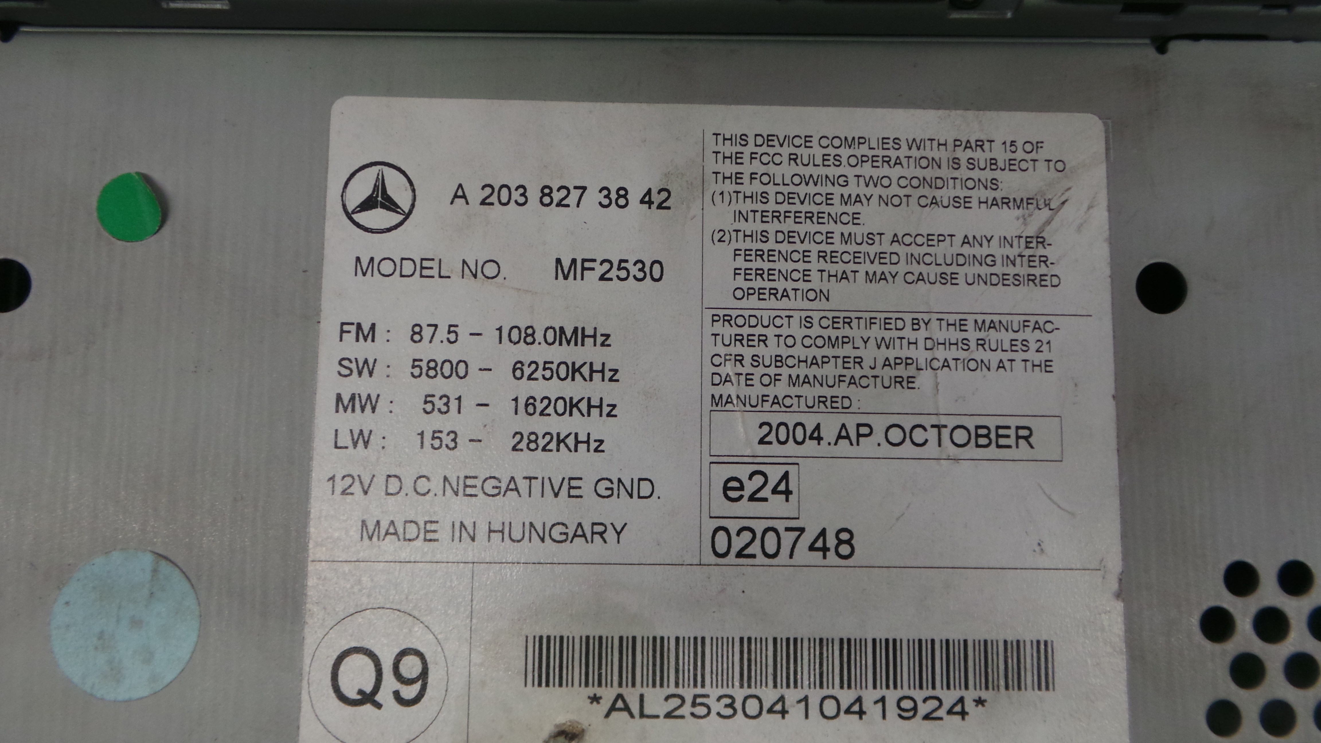 Auto-rádios A2038273842 - MERCEDES-BENZ C-CLASS Coupé (CL203), C-CLASS Coupe Sport (CL203), C-CLAS-33182695