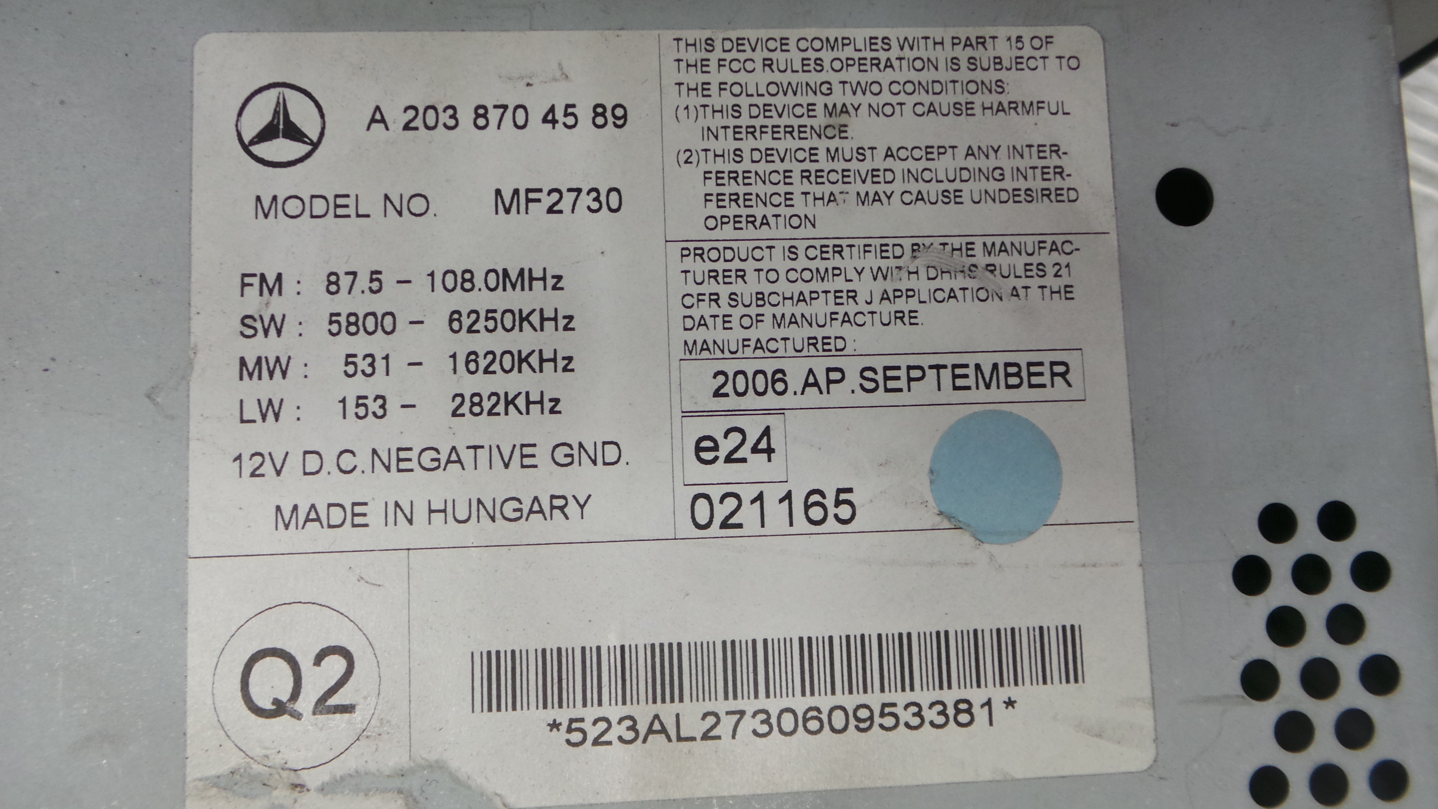 Auto-rádios A2038704589 - MERCEDES-BENZ C-CLASS (W203)-33182704