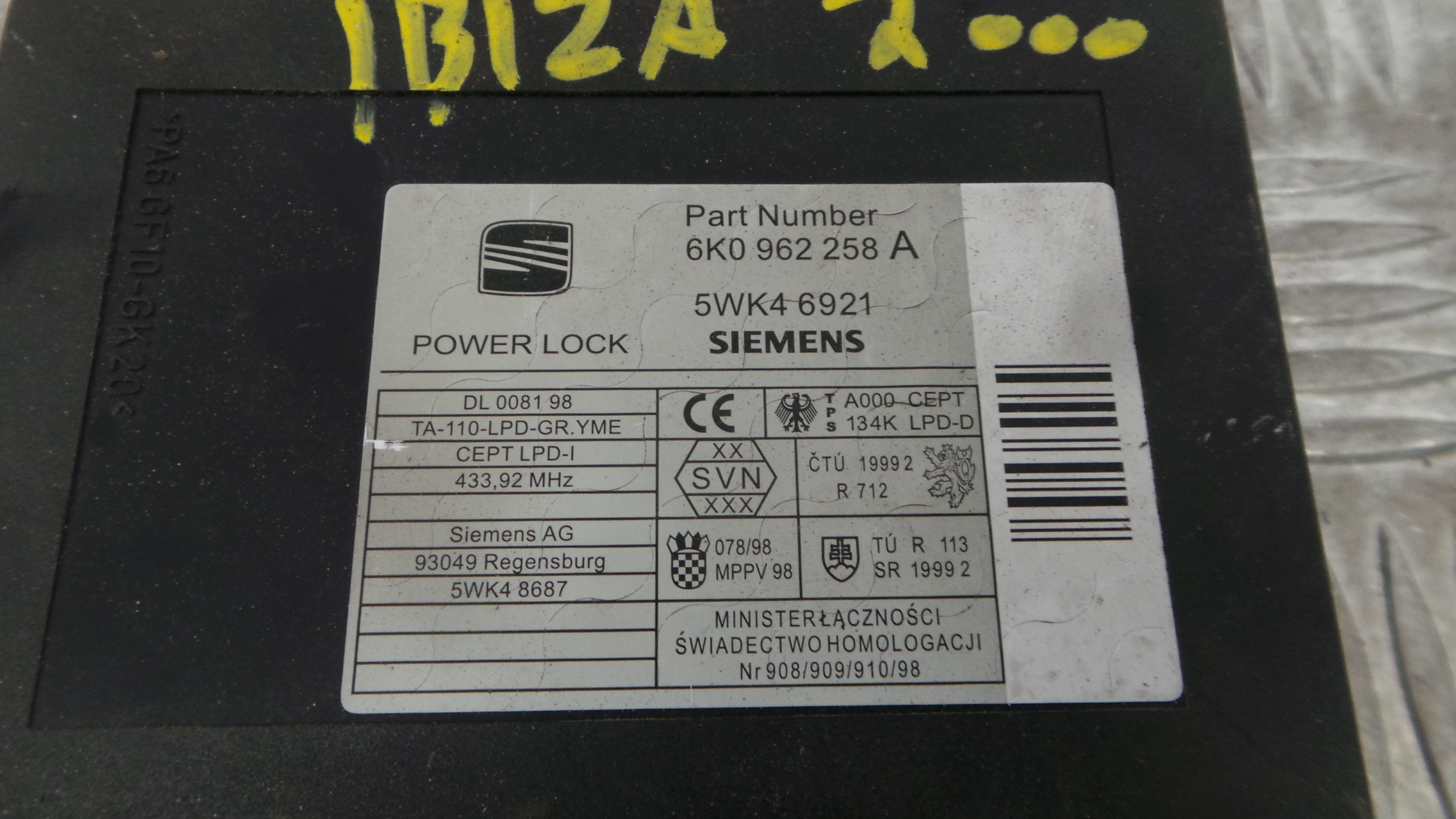 Centralina do Fecho Central 6K0962258A - SEAT IBIZA II (6K1), IBIZA Mk II (6K1)-36911836