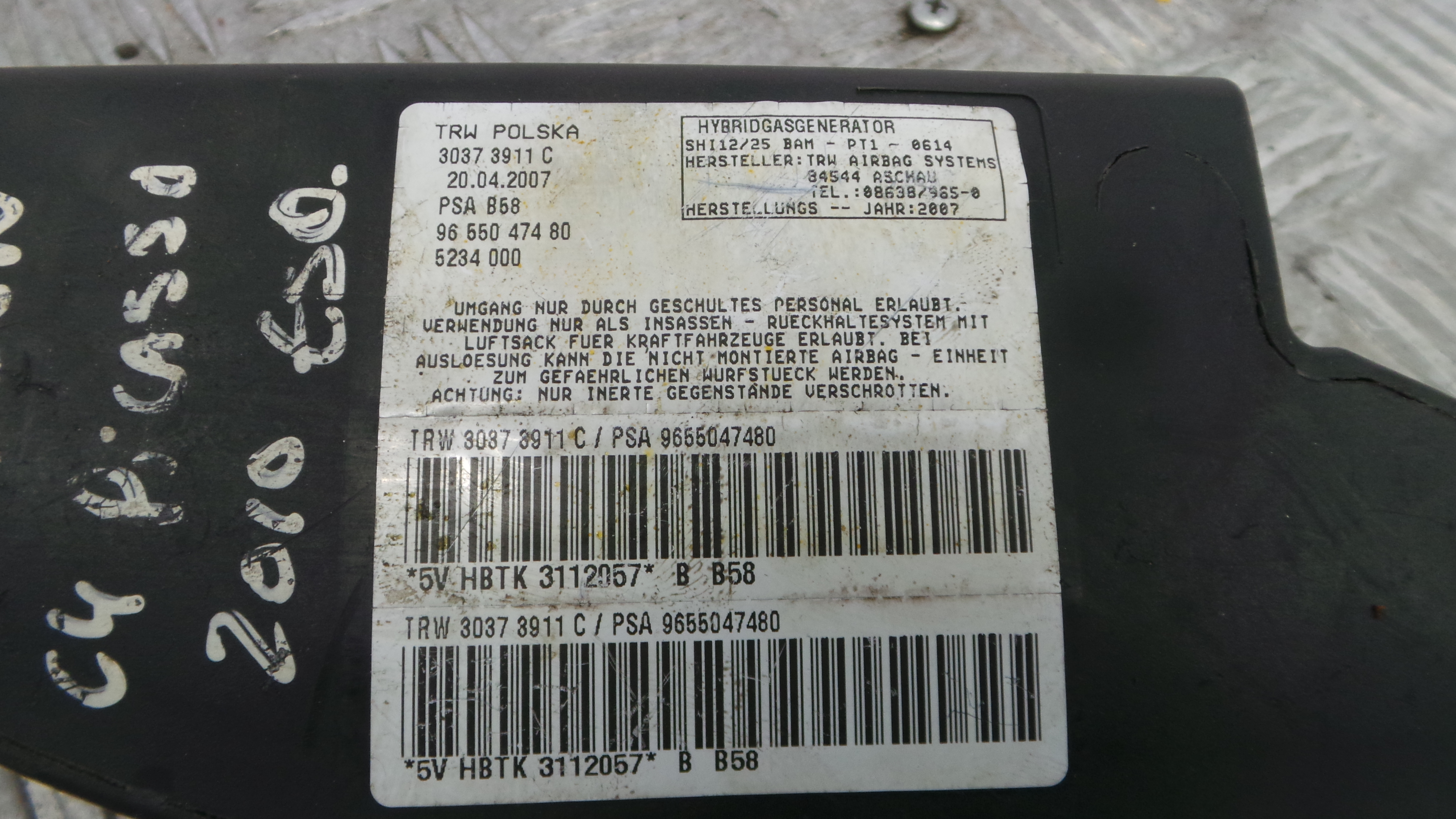 Airbag Banco Esq 9655047480 - CITROËN C4 PICASSO I Veículo multiuso (UD_)-37816052