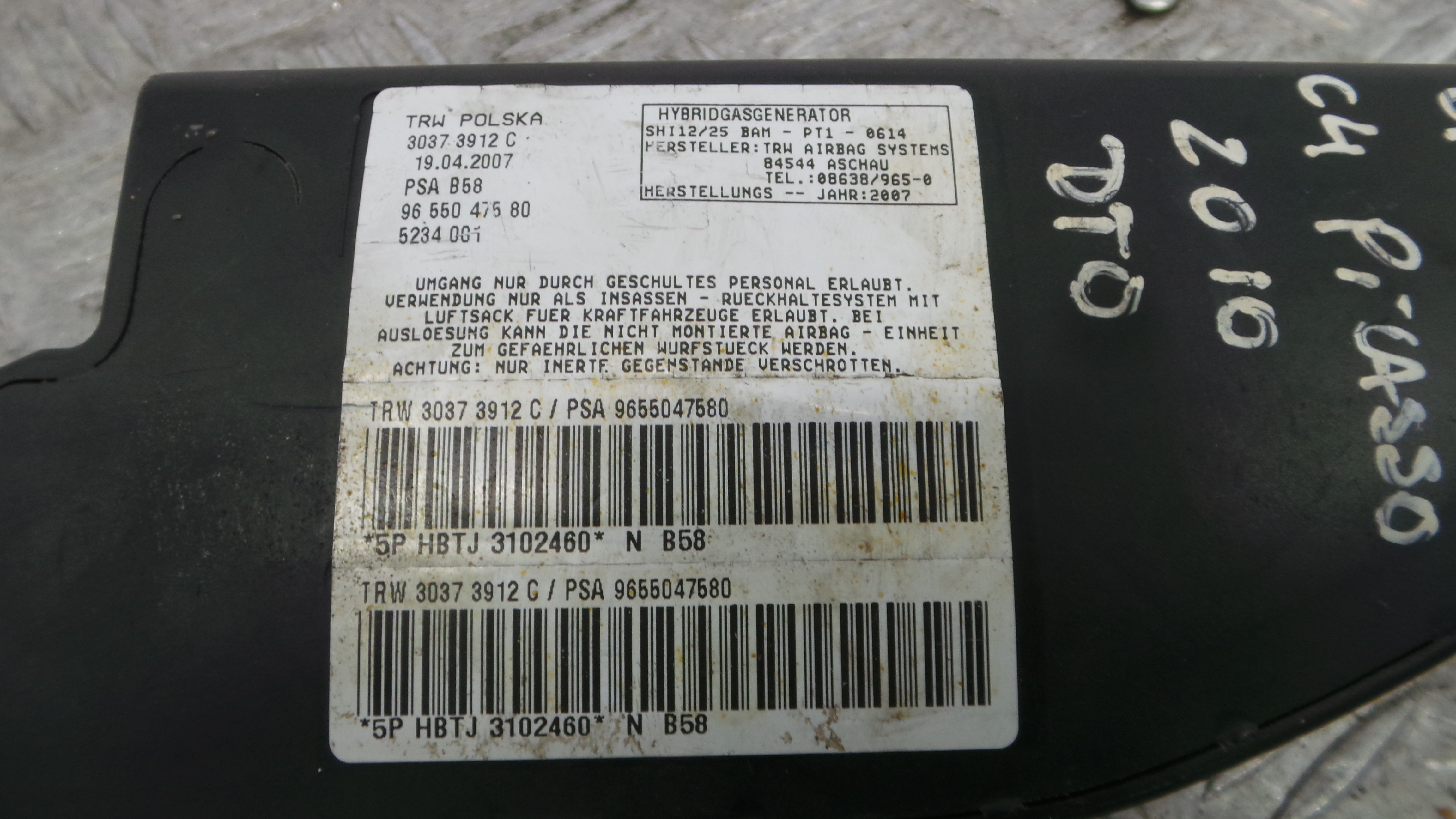 Airbag Banco Dto 9655047580 - CITROËN C4 PICASSO I Veículo multiuso (UD_)-37816055