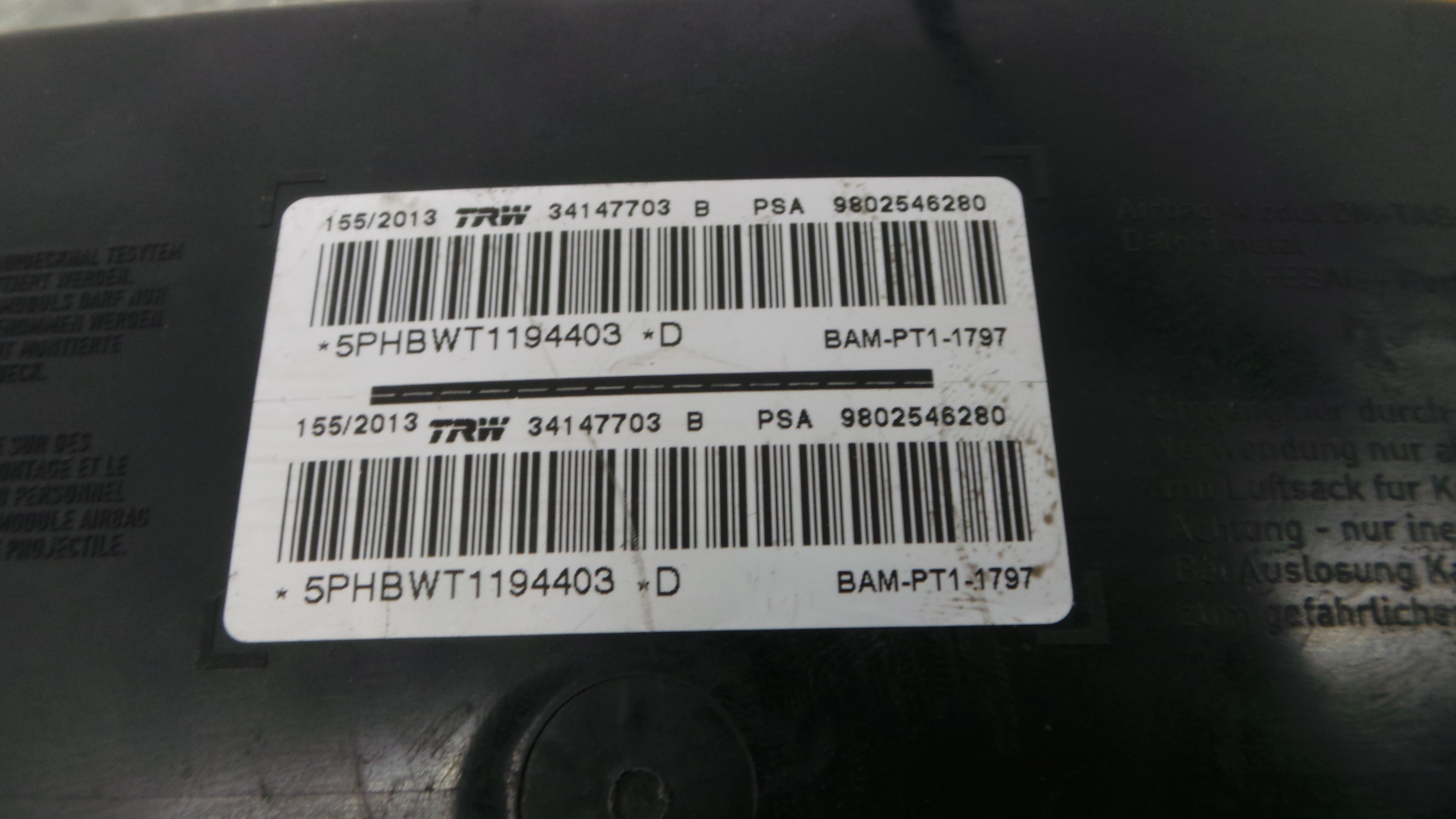 Airbag Banco Dto 9802546280 - CITROËN C3 II (SC_)-37816079