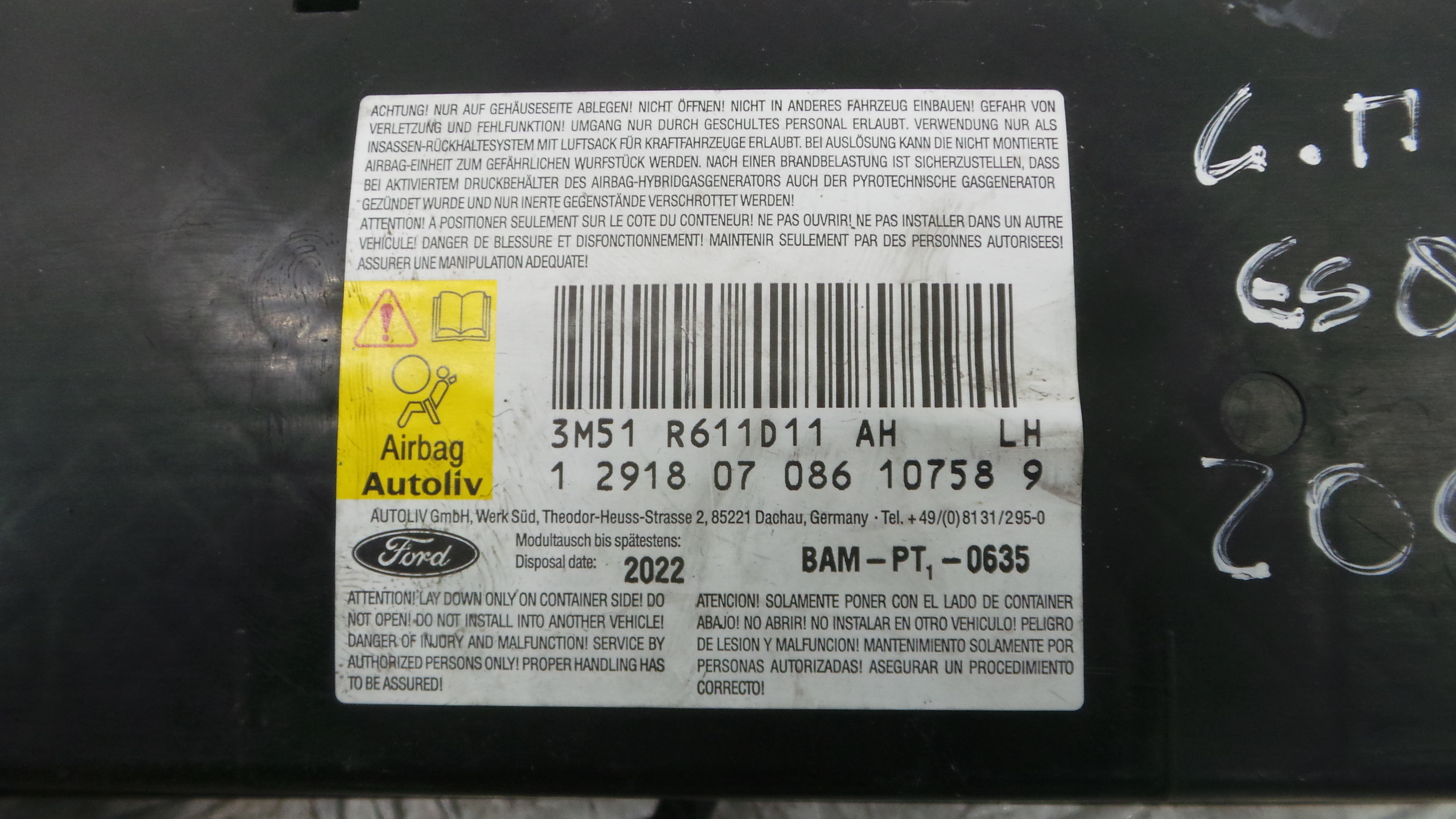 Airbag Banco Esq 3M51-R611D11-AH - FORD FOCUS C-MAX (DM2)-37820727