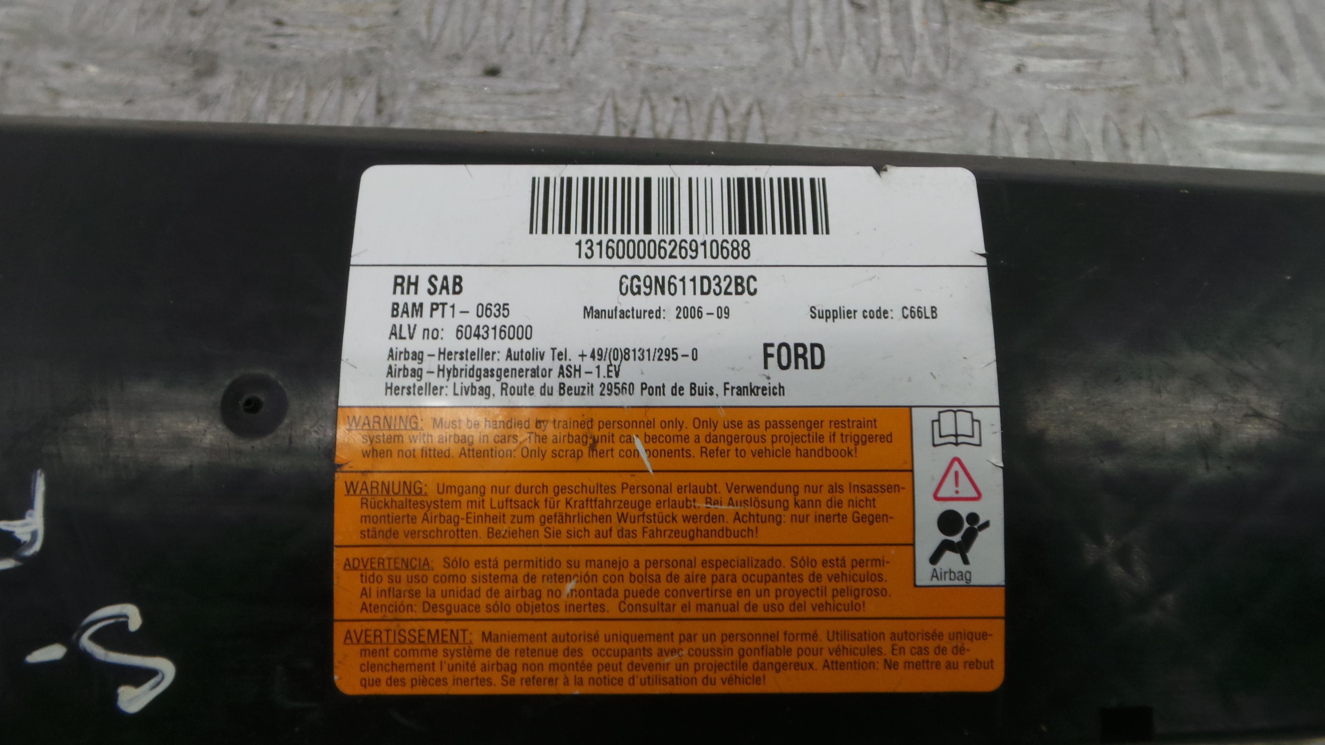 Airbag Banco Dto 6G9N-611D32-BC - FORD S-MAX (WA6)-37820742