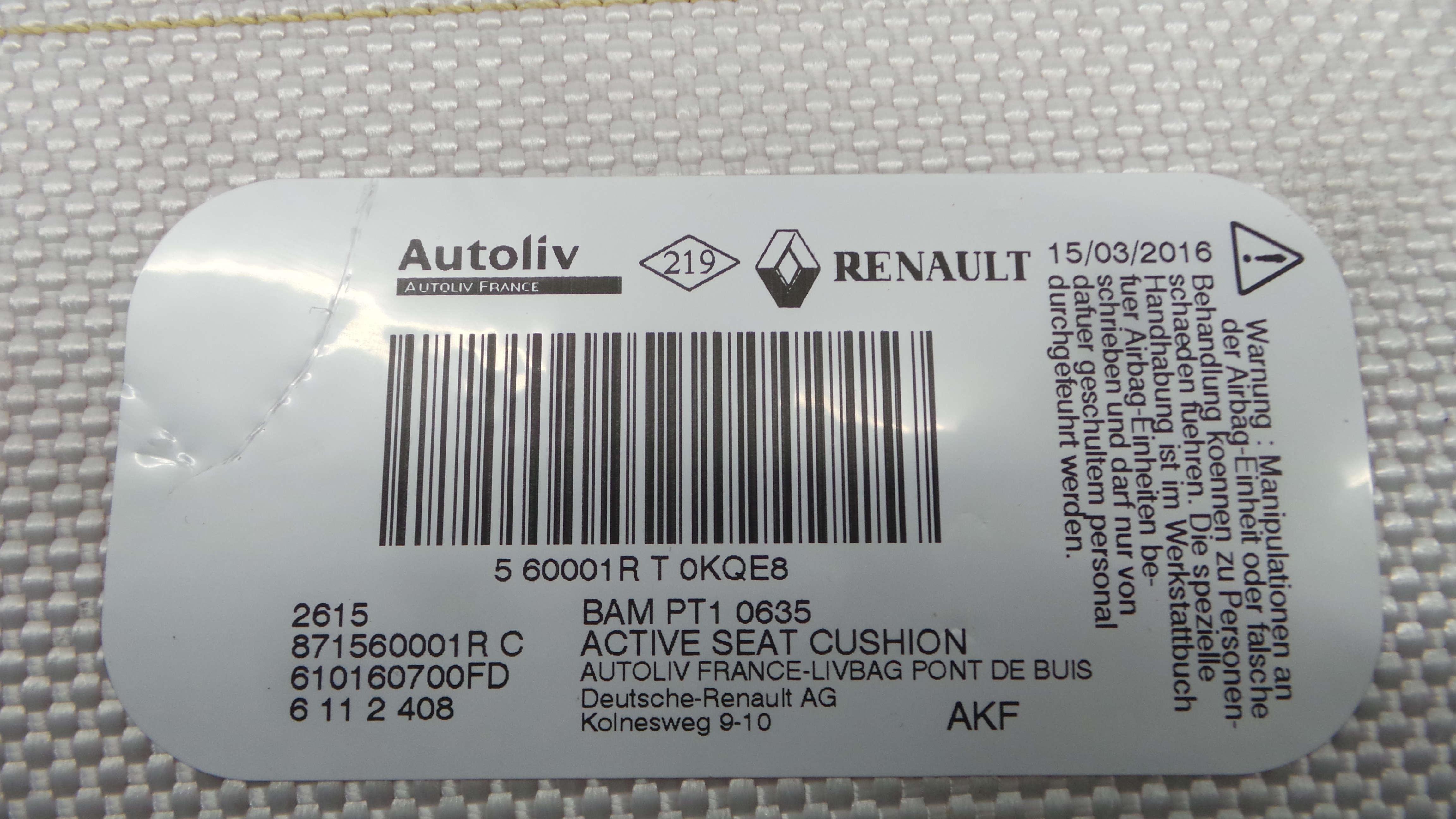 Airbag Banco Dto 871560001R - RENAULT ZOE (BFM_)-38273698