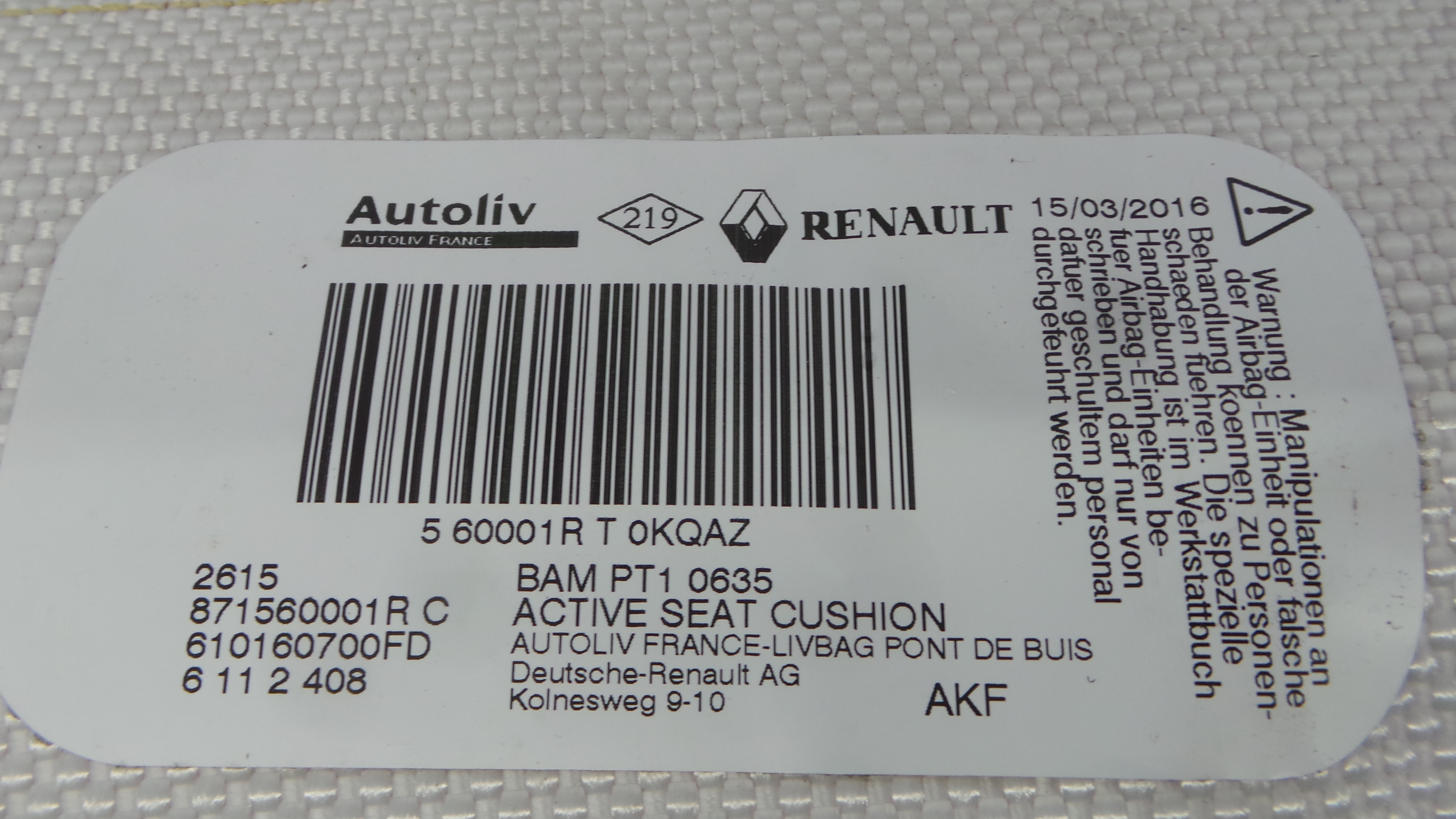 Airbag Banco Esq 871560001R - RENAULT ZOE (BFM_)-38273701