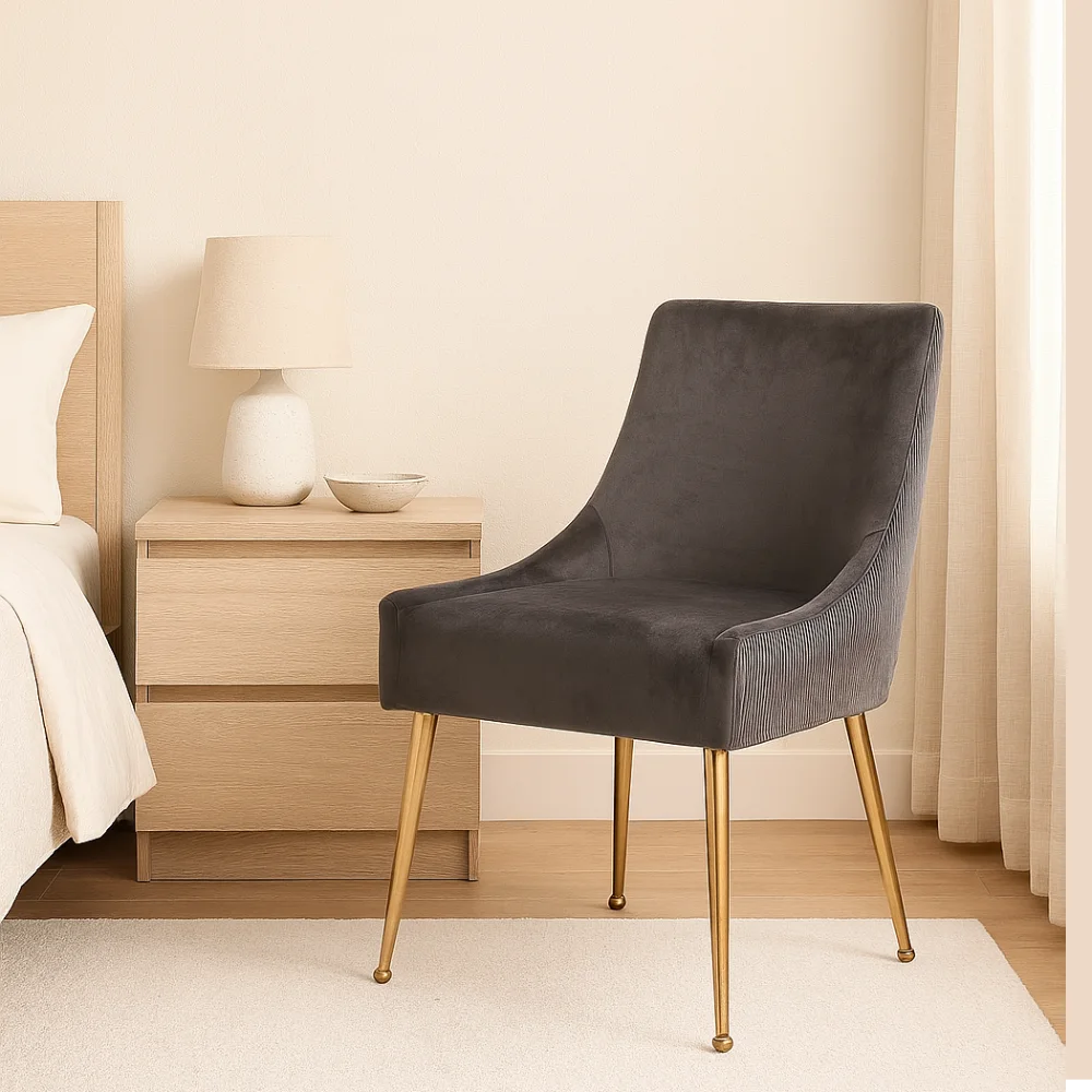 Pleated Velvet Dining Chair - Dark Grey