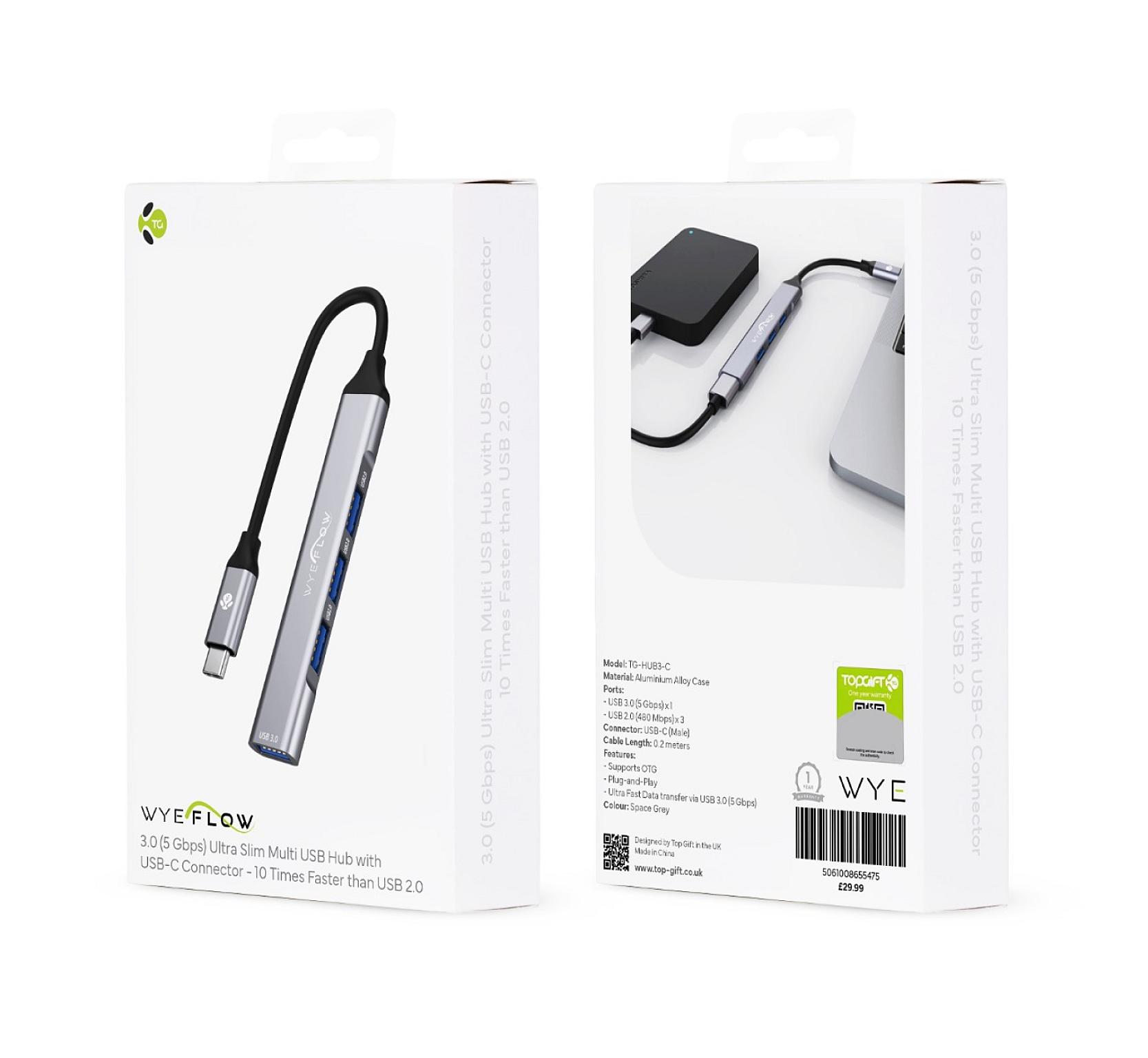 WYEFLOW 3.0 (5 Gbps) Ultra Slim Multi USB Hub with USB-C Connector  10 Times Faster than USB 2.0