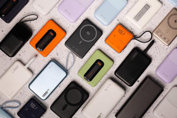 Selection of WYE portable power banks in different colours and charging formats