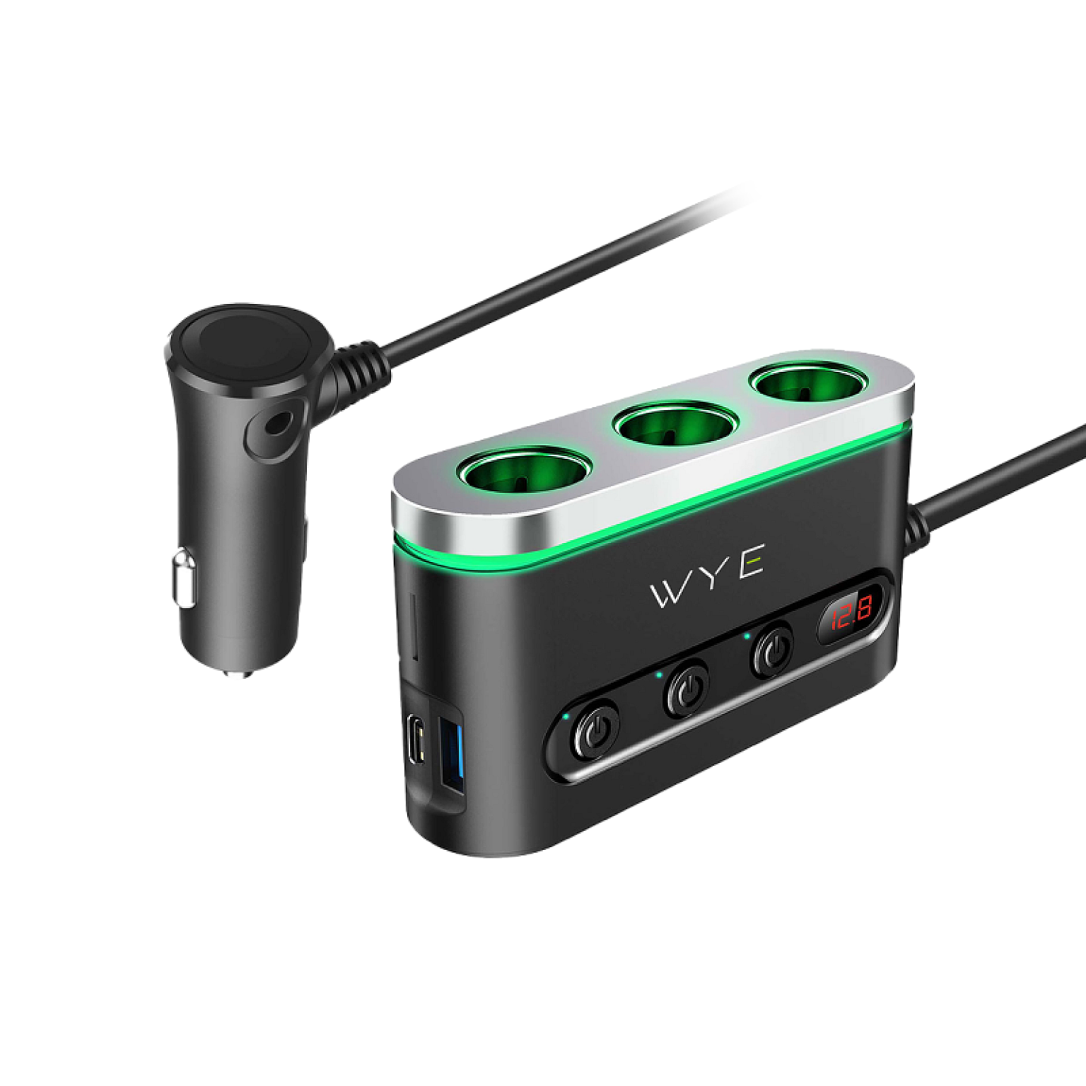 120W In-Car Charger with 3 x Cigarette Lighter Sockets + USB-A & USB-C Ports