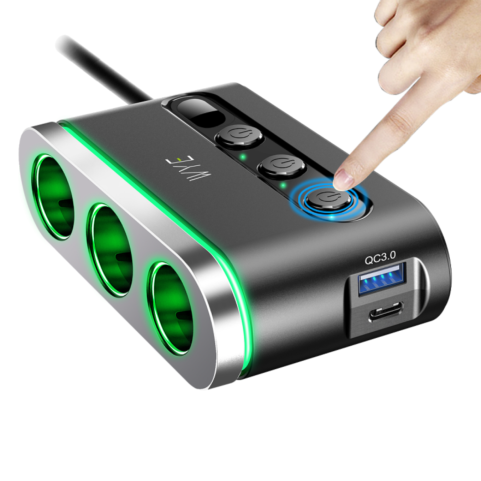 120W In-Car Charger with 3 x Cigarette Lighter Sockets + USB-A & USB-C Ports
