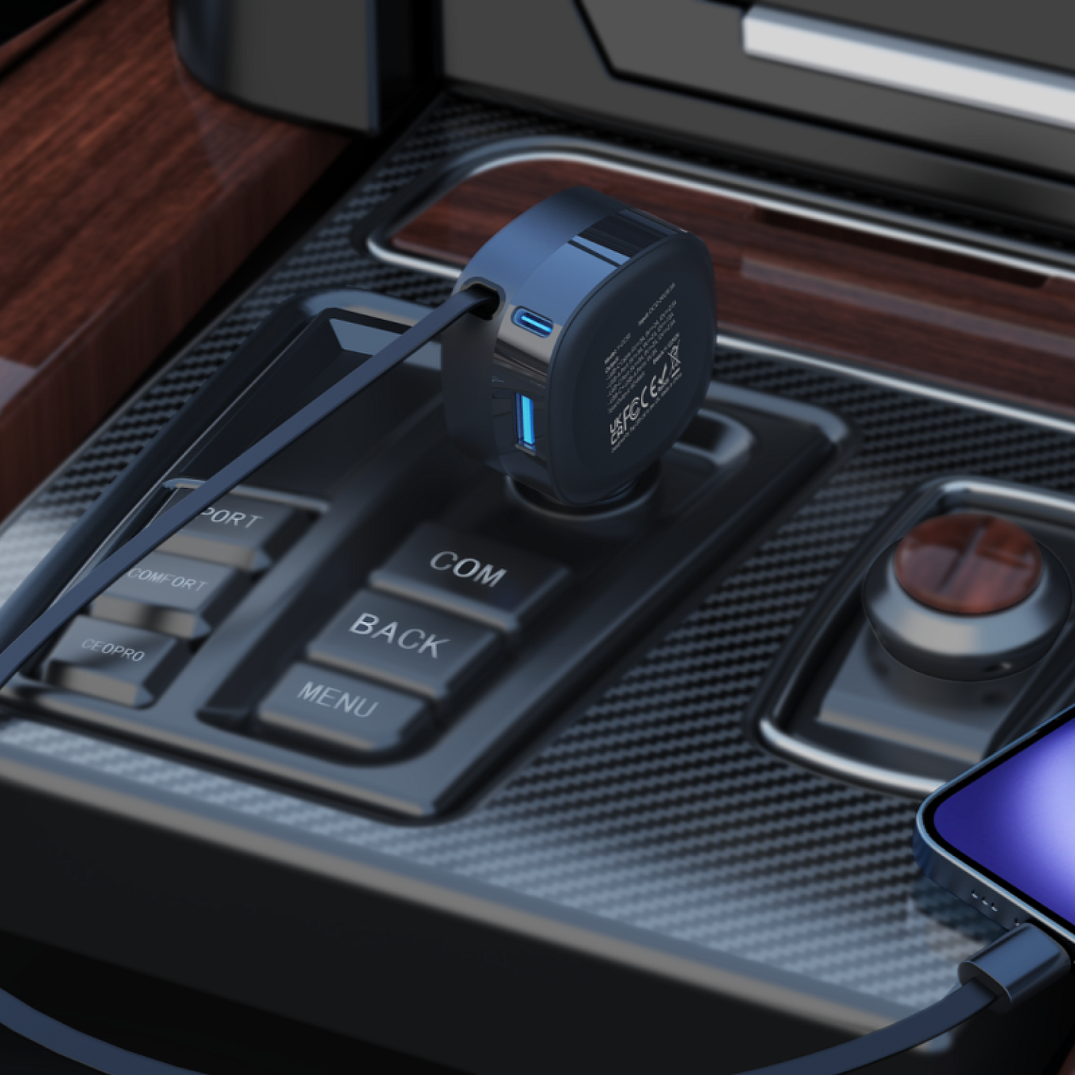 3-IN-1 Fast Charging In-Car Charger with Built-in Retractable Cable & USB A, USB C ports