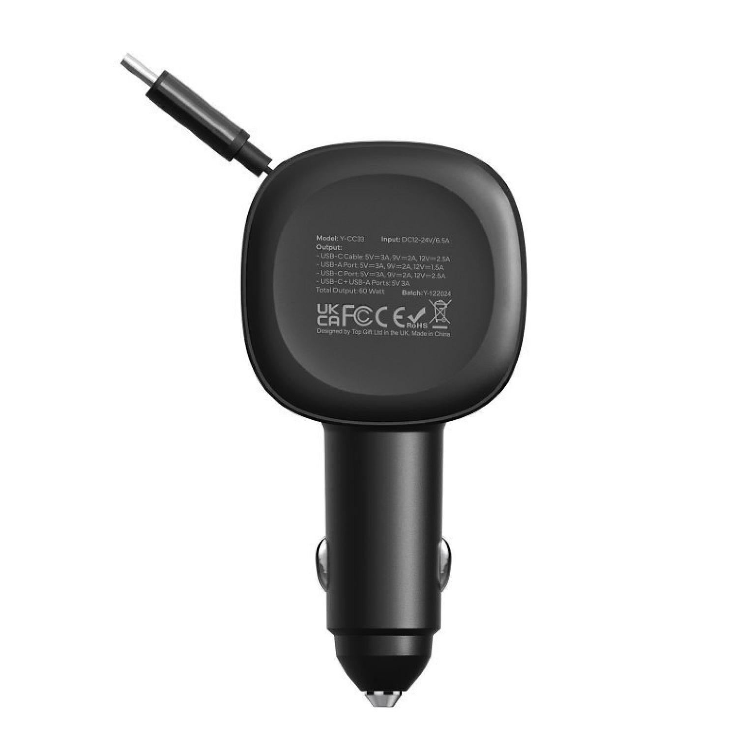 3-IN-1 Fast Charging In-Car Charger with Built-in Retractable Cable & USB A, USB C ports