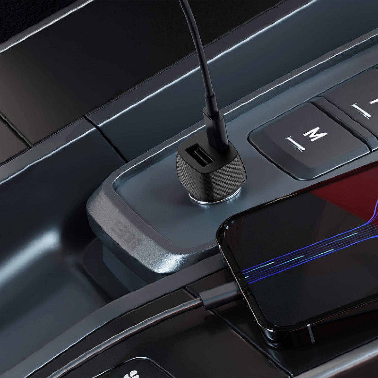 30W Fiber Carbon Design In-Car Charger with USB-A and USB-C Ports
