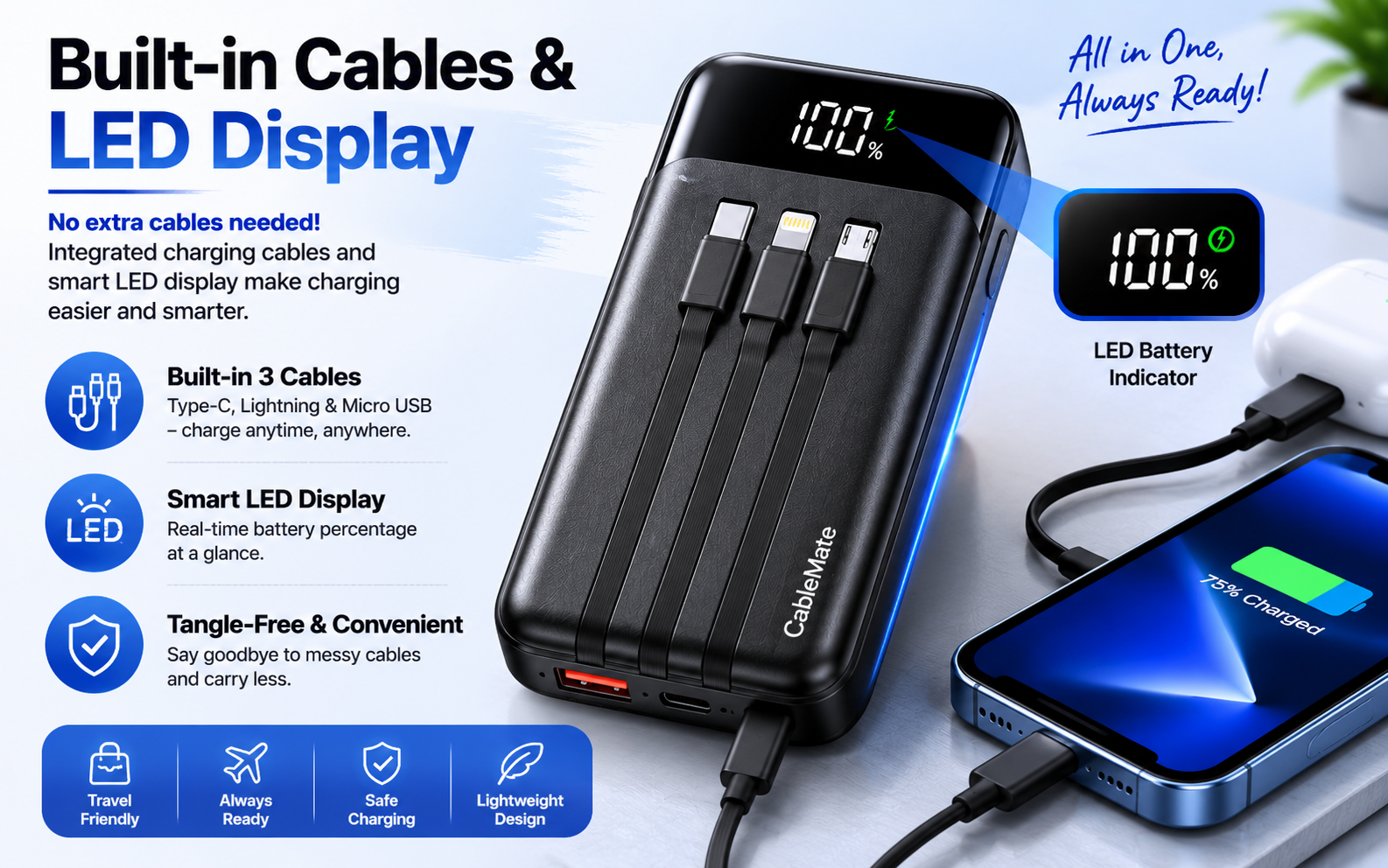 Built-in Cables & LED Display
