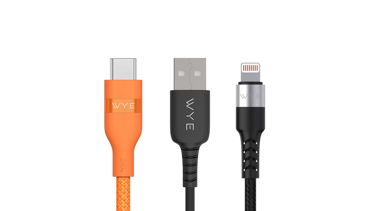 WYE USB-C, USB-A and Lightning charging cable connectors