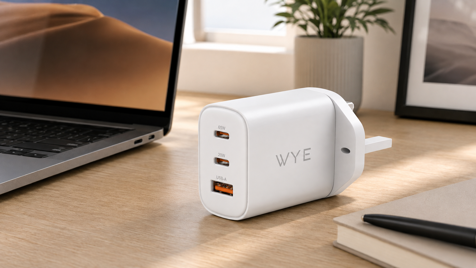 WYE 65W multi-port power adaptor for charging phones, tablets and laptops